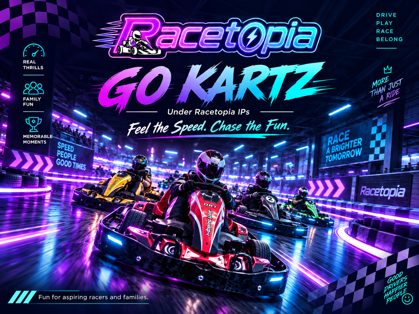 Racetopia Go Kartz concept poster with neon purple and blue kart racing, Drive Play Race Belong